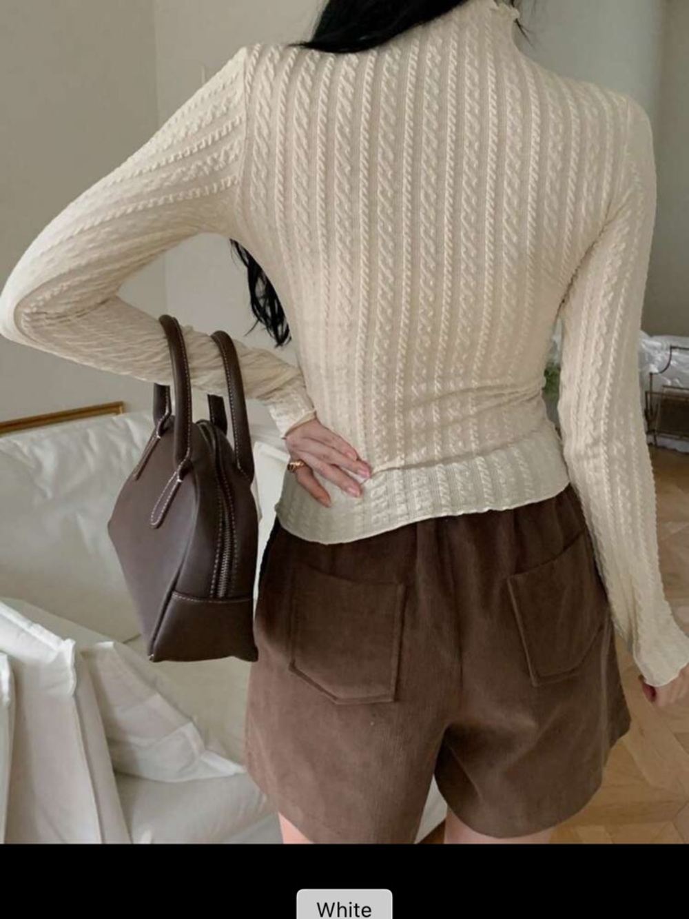 Cream Cable Knit Long Sleeve Crop Top - Picture 3 of 3